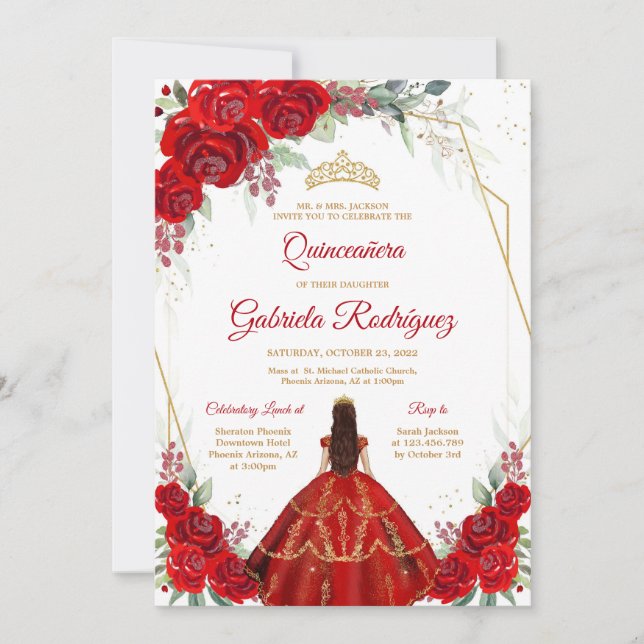 Invitación Quinceanera Floral Red Gold Invitation (Anverso)