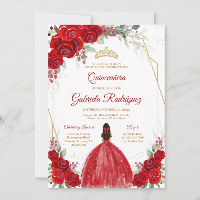 Invitación Quinceanera Floral Red Rose Gold Invitation (Anverso)