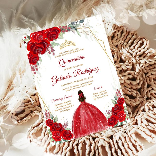 Invitación Quinceanera Floral Red Rose Gold Invitation (Subido por el creador)