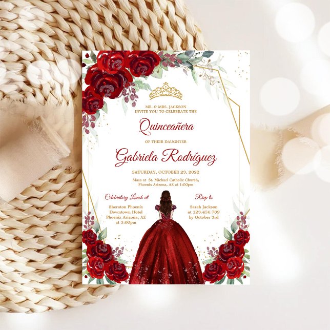Invitación Quinceanera Floral Red Rose Gold Invitation (Subido por el creador)