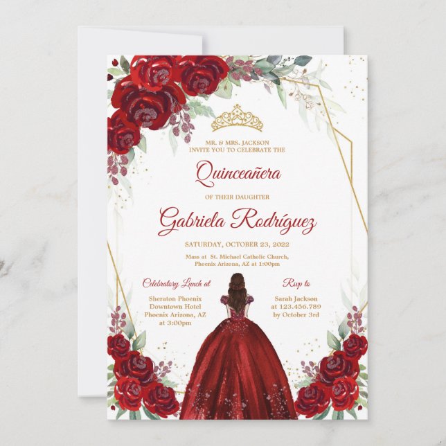 Invitación Quinceanera Floral Red Rose Gold Invitation (Anverso)