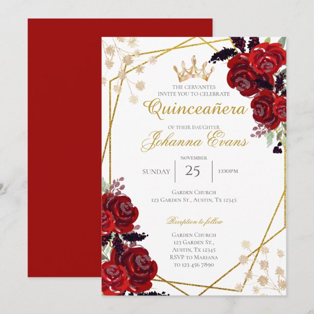 Invitación Quinceanera floral roja (Anverso / Reverso)