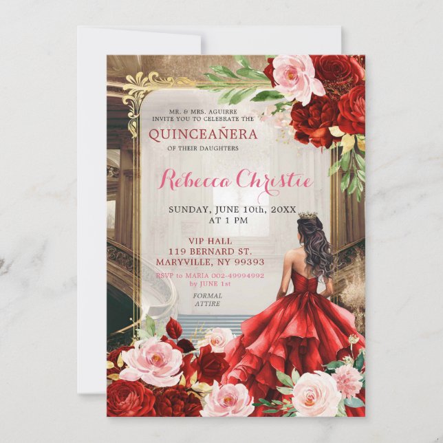 Invitación Quinceañera floral roja brillante rosa Rubor (Anverso)
