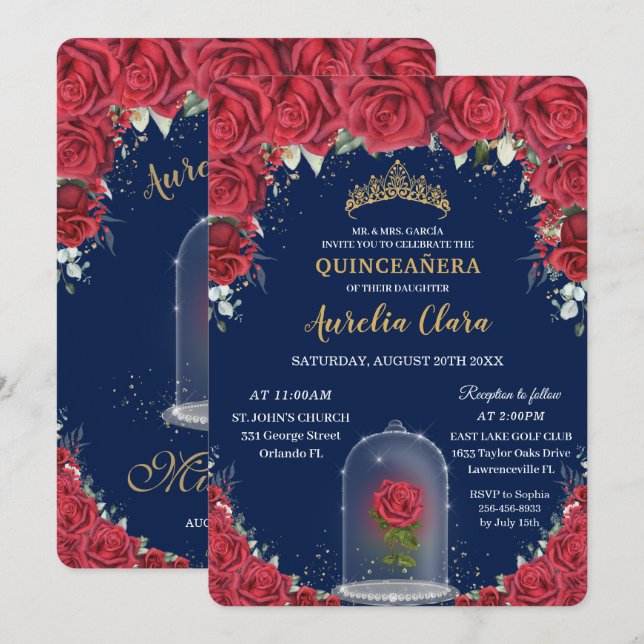 Invitación Quinceañera floral roja encantada marina Rosa azul (Anverso / Reverso)