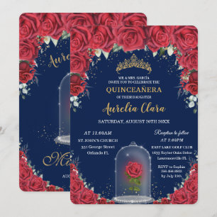 Invitación Quinceañera floral roja encantada marina Rosa azul