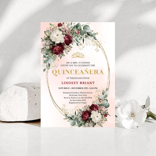 Invitación Quinceañera Floral Rojo Profundo Boho R (Rustic Boho Deep Red Floral Gold Quinceañera Invitation)