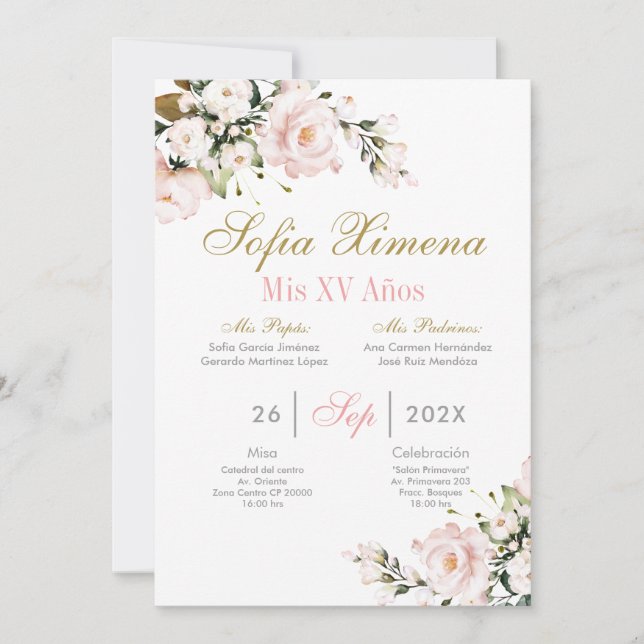 Invitación Quinceanera floral rosa (Anverso)