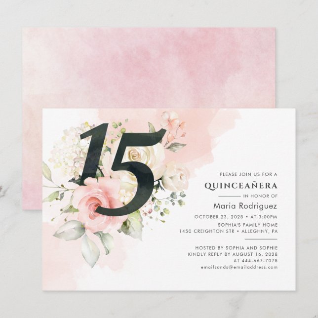 Invitación Quinceanera floral rosa 15 cumpleaños acuarela (Anverso / Reverso)