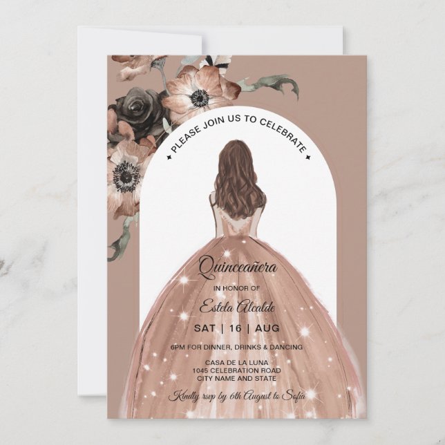 Invitación Quinceañera floral rosa, Boho Quinceanera (Anverso)