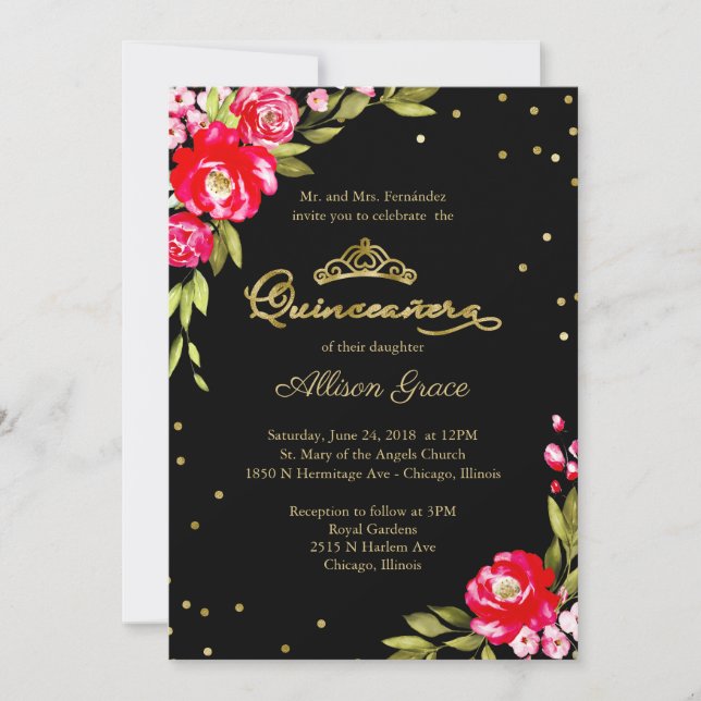 Invitación Quinceanera Floral Rosa Caliente Sobre  (Anverso)