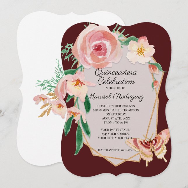 Invitación Quinceañera floral rosa con mariposa (Anverso / Reverso)