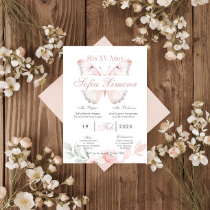 Invitación Quinceañera floral rosa con mariposas