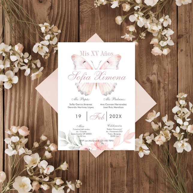 Invitación Quinceañera Floral Rosa con Mariposas (Subido por el creador)