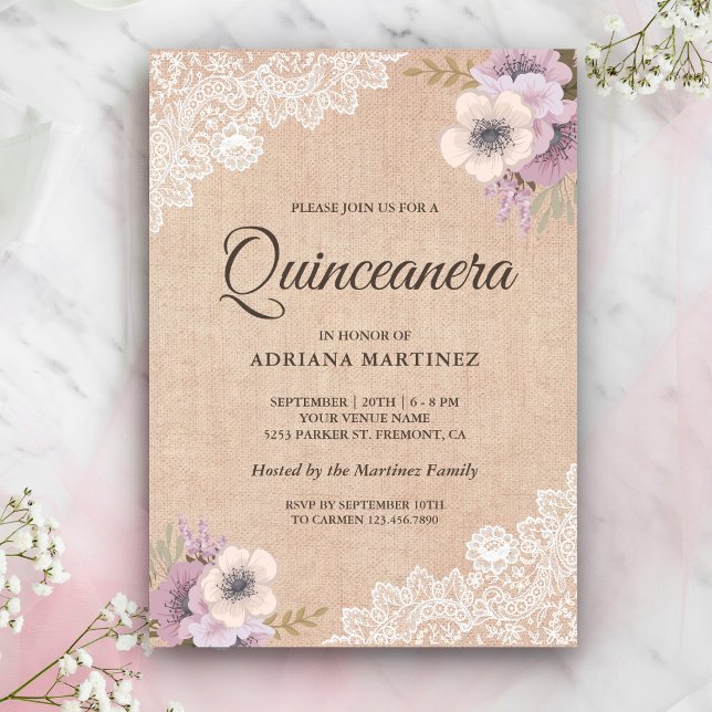 Invitación Quinceanera floral rosa de color burregal rugoso (Subido por el creador)