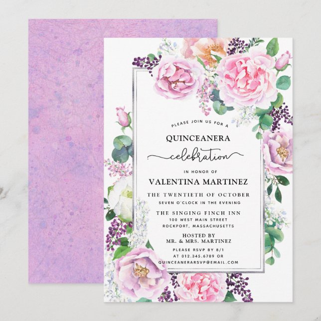 Invitación Quinceanera floral Rosa de peones rosados morados (Anverso / Reverso)