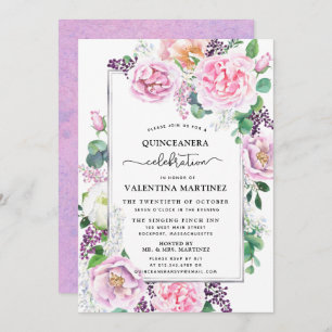 Invitación Quinceanera floral Rosa de peones rosados morados