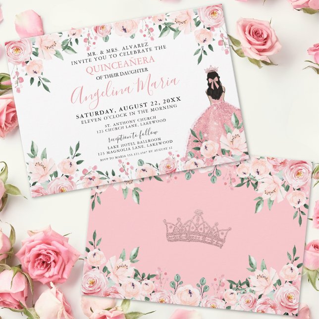 Invitación Quinceanera floral rosa de Rubor (Blush Pink Floral Quinceanera Invitation)