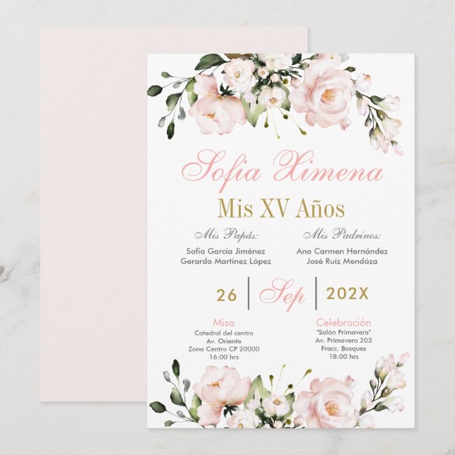 Invitación Quinceanera floral rosa de Rubor (Anverso / Reverso)