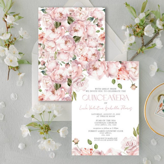 Invitación Quinceanera floral rosa de Rubor elegante formal (Subido por el creador)