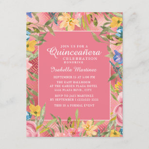 Invitación Quinceañera Floral Rosa Dorado Amarillo Azul