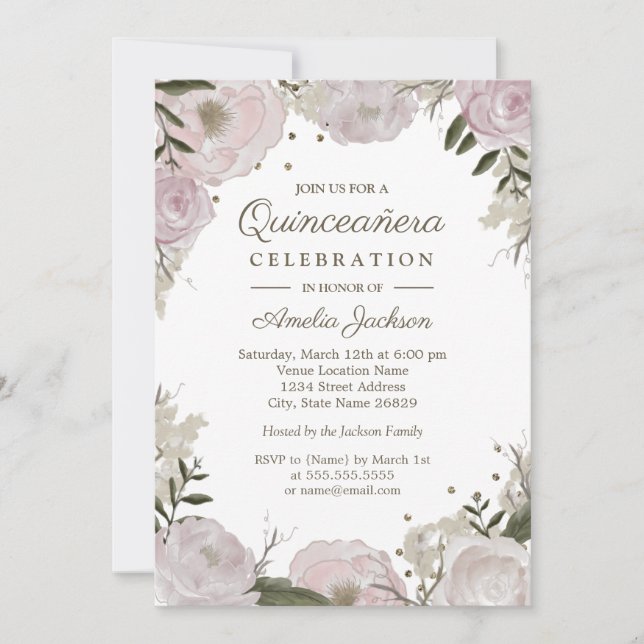 Invitación Quinceañera Floral Rosa Dorado Brillante (Anverso)