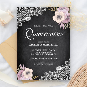 Invitación Quinceañera Floral Rosa Encaje Pizarra Rústica