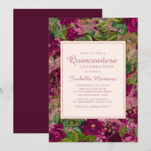 Invitación Quinceañera Floral Rosa Liso Morado Atrevido