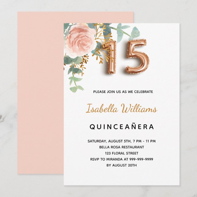 Invitación Quinceanera floral rosa oro eucalipto elegante (Anverso / Reverso)
