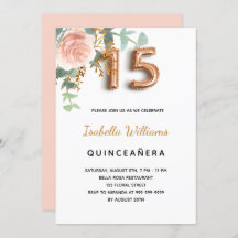 Quinceanera floral rosa oro eucalipto elegante