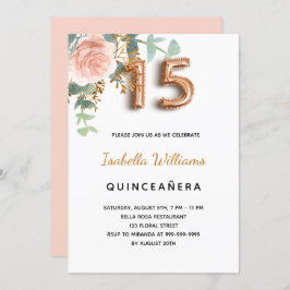 Invitación Quinceanera floral rosa oro eucalipto elegante