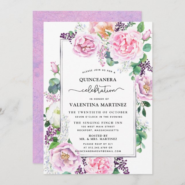 Invitación Quinceañera Floral Rosa Peonía Púrpura (Anverso / Reverso)