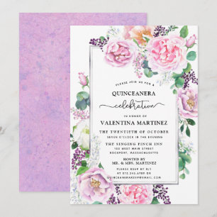Invitación Quinceañera Floral Rosa Peonía Púrpura