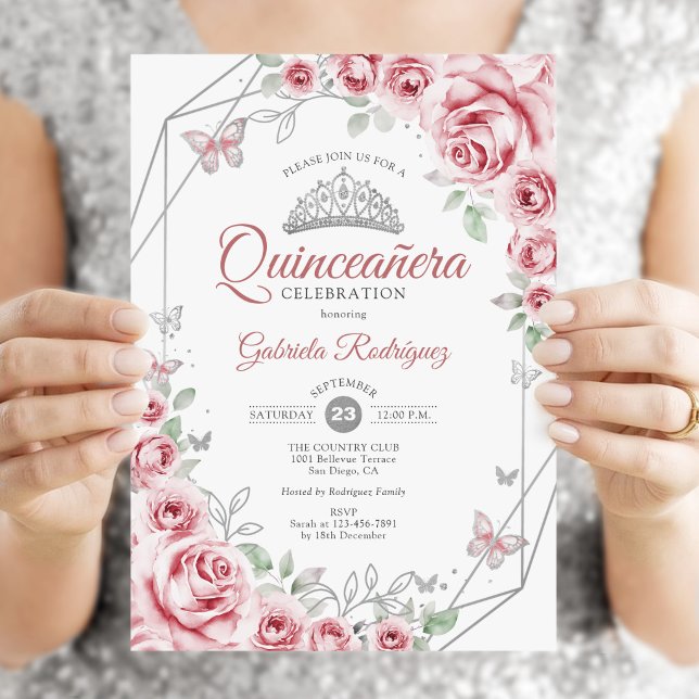 Invitación Quinceañera Floral Rosa Plateado (Subido por el creador)