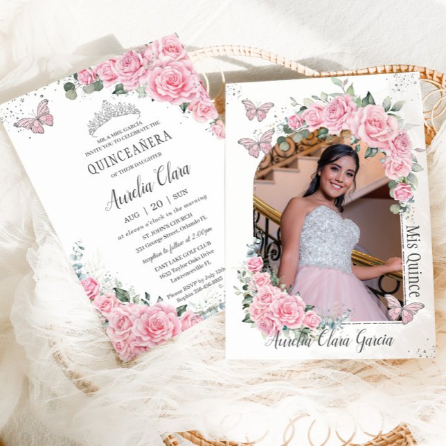 Invitación Quinceañera Floral Rosa Princesa Butterflies Foto (Subido por el creador)