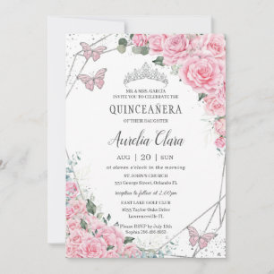 Invitación Quinceañera Floral Rosa Princesa Mariposa Plata