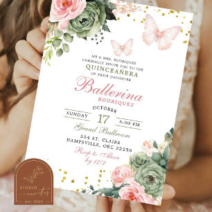 Invitación Quinceanera floral rosa Rubor