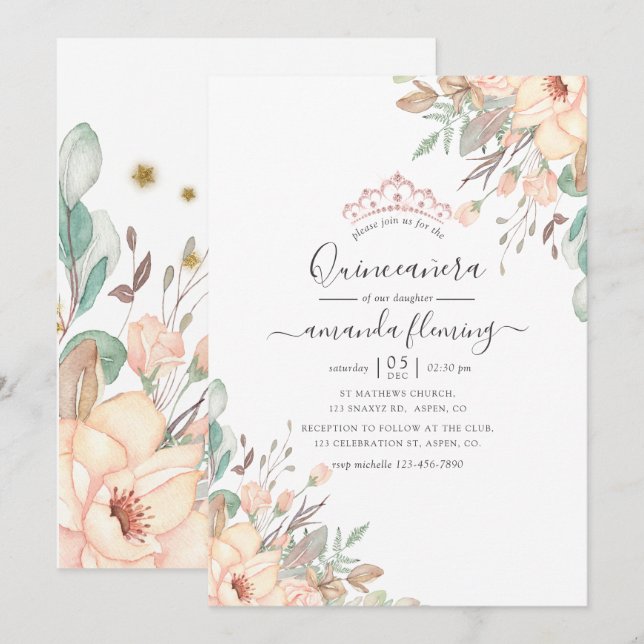 Invitación Quinceañera floral rosa Rubor (Anverso / Reverso)