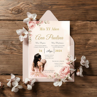 Invitación Quinceañera floral rosa rubor español