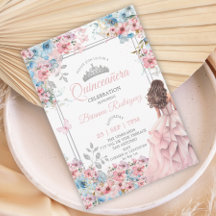 Quinceañera floral rosa rubor y azul plata