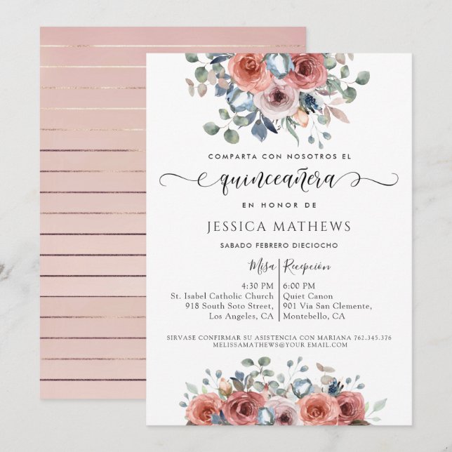 Invitación Quinceañera floral rosa y azul de Rubor (Anverso / Reverso)