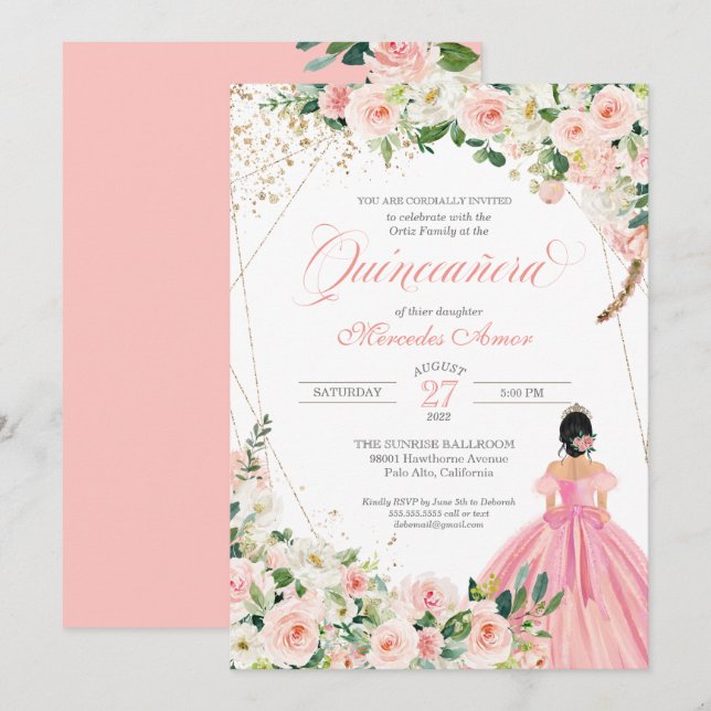 Invitación Quinceanera floral rosa y blanca de Rubor (Anverso / Reverso)