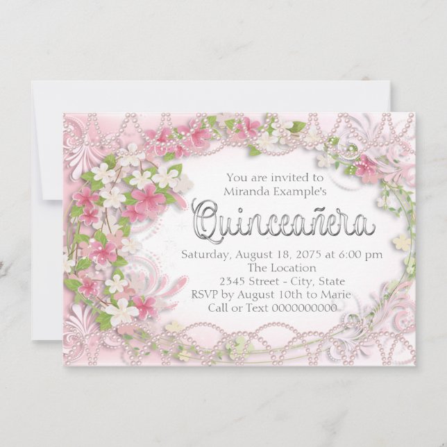 Invitación Quinceañera floral rosa y gris (Anverso)