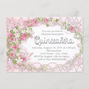 Invitación Quinceañera floral rosa y gris