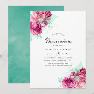 Invitación Quinceañera floral rosa y menta