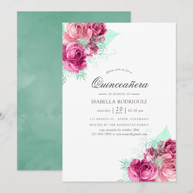 Invitación Quinceañera floral rosa y mint (Anverso / Reverso)
