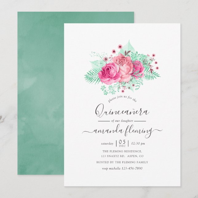 Invitación Quinceañera floral rosa y mint (Anverso / Reverso)