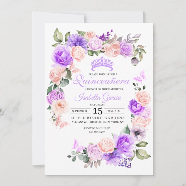 Invitación Quinceanera floral rosa y morada Cumpleaños (Anverso)