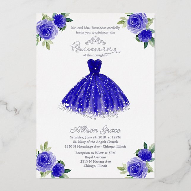 Invitación Quinceanera Floral Royal Blue Gown (Anverso)