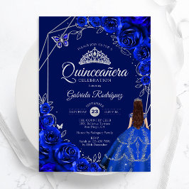Invitación Quinceanera Floral Royal Blue Silver Dress