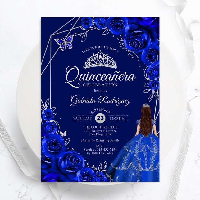 Invitación Quinceanera Floral Royal Blue Silver Dress (Subido por el creador)